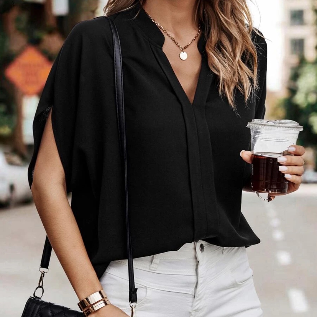 Notched Neck Batwing Sleeve Oversized Top